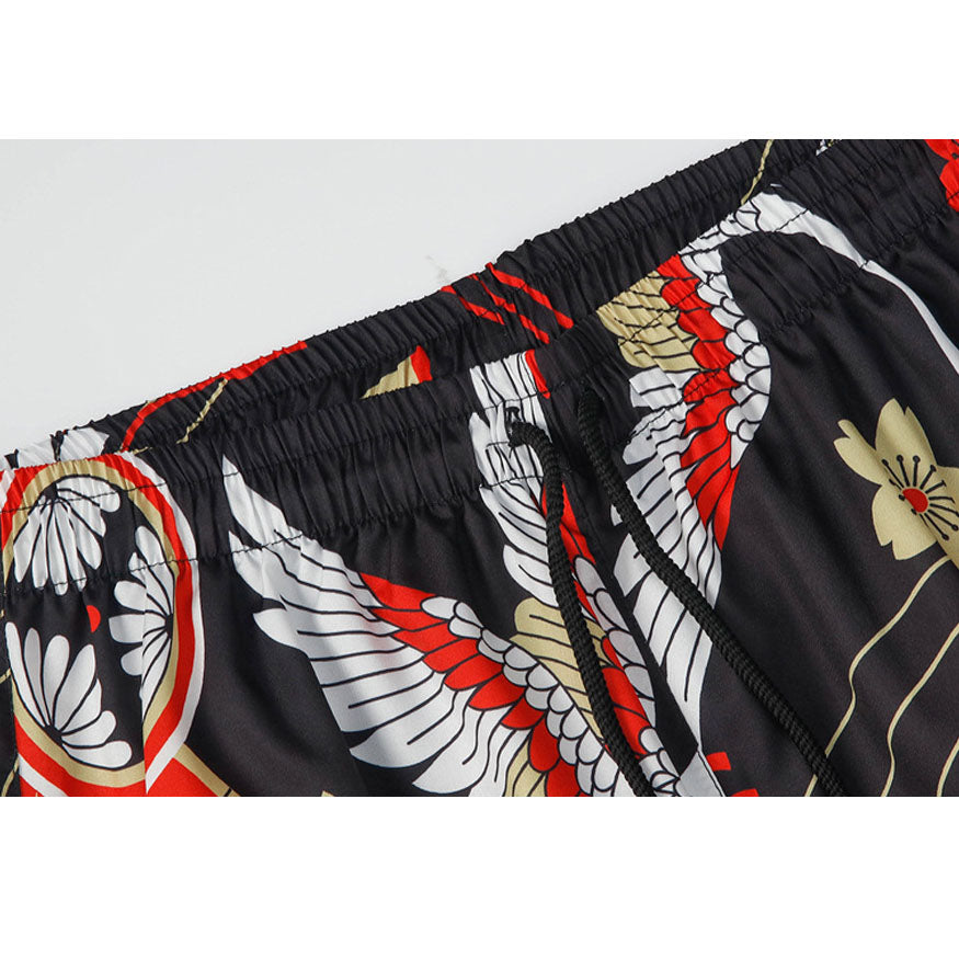 Two Piece Crane Print Kimono + Shorts