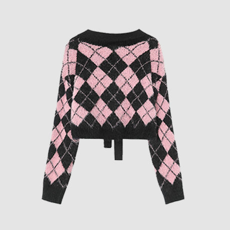 Tie + Argyle Pattern Cropped Sweater