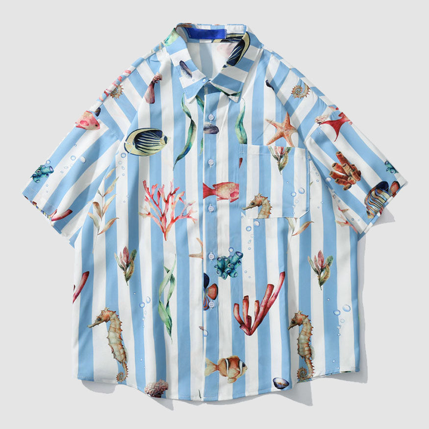 Striped Fish Print Summer Shirt