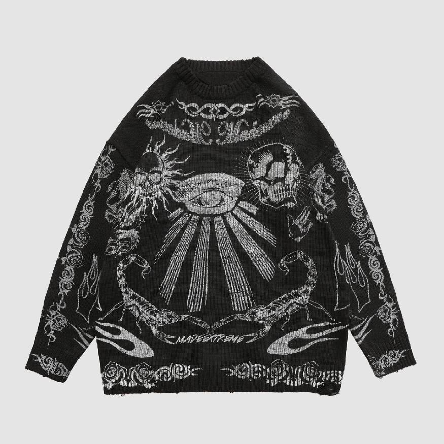 Skull Pattern Distressed Sweater