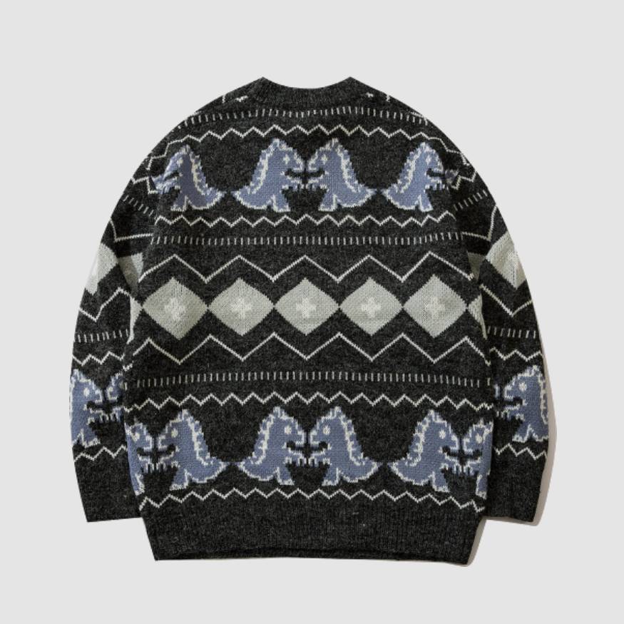 Dinosaur & Wave Pattern Knit Sweater