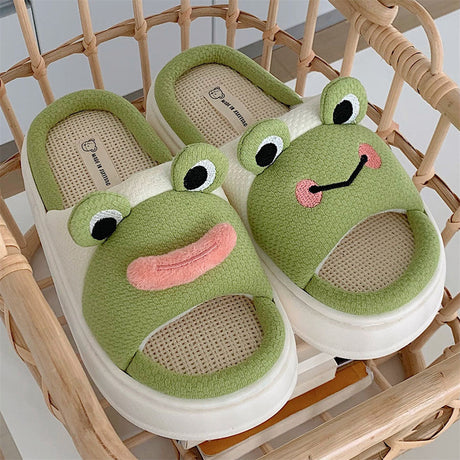 Cute Frog Design Linen Slippers