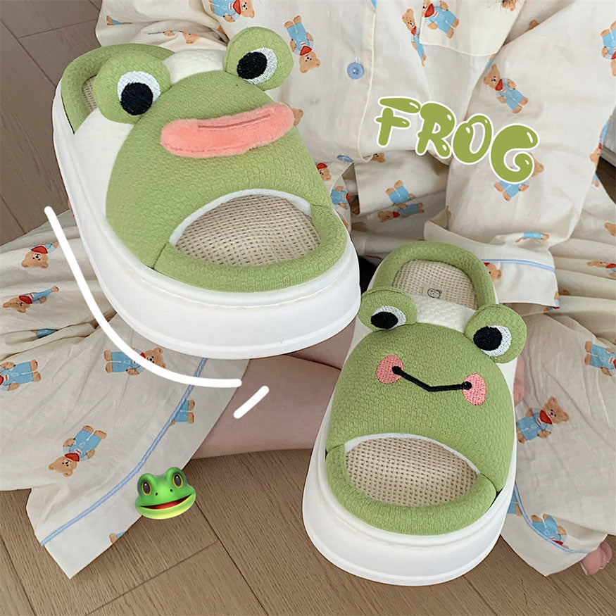 Cute Frog Design Linen Slippers
