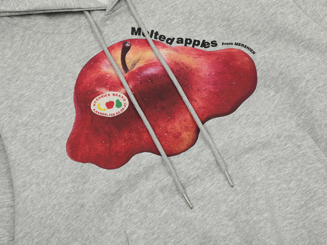 Vintage apple graphic on a grey fleece hoodie, featuring a relaxed fit and drop shoulder design for cozy layering.