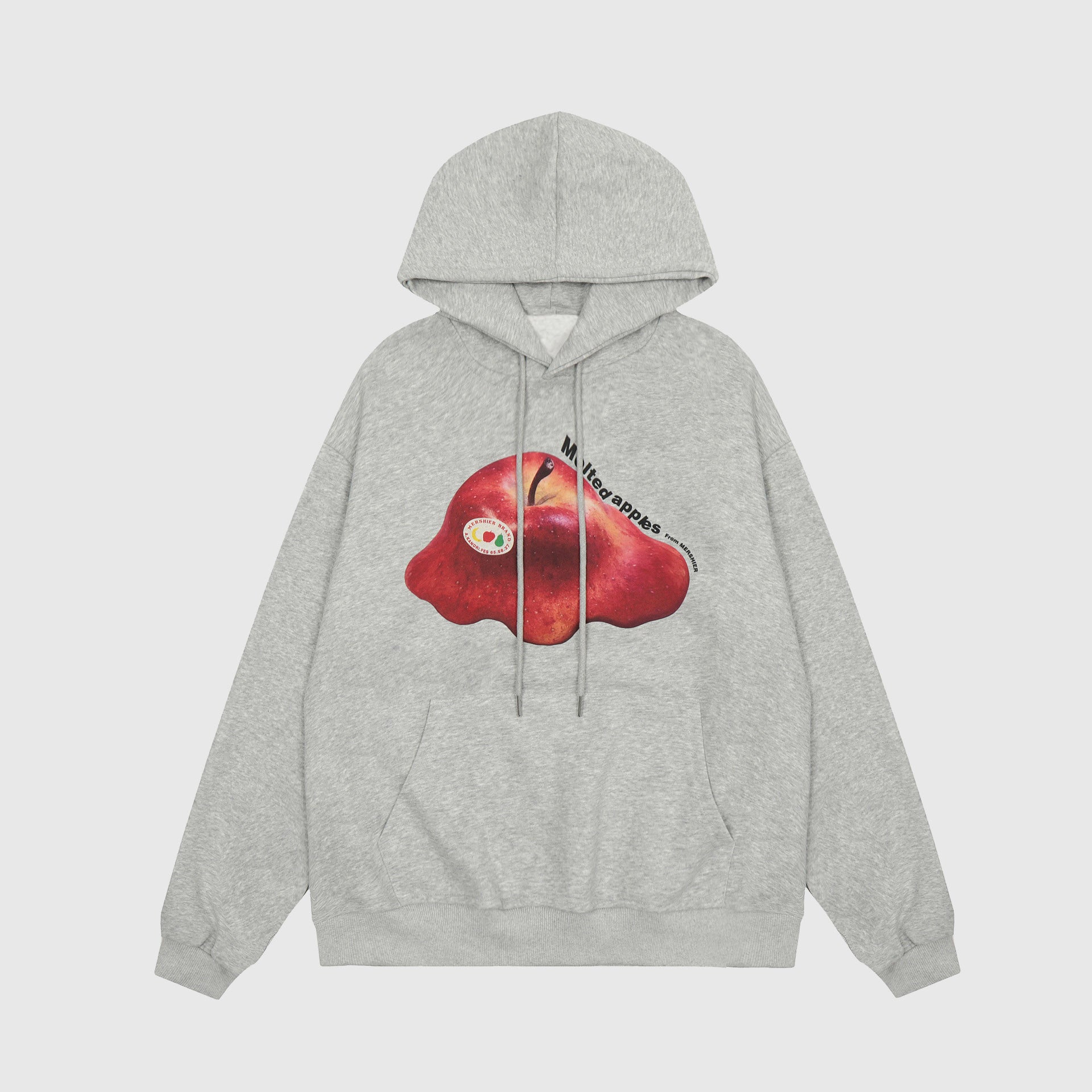 Apple Vintage Print Fleece Hoodie in grey, featuring oversized fit, drop shoulder design, and cute apple appliqué.