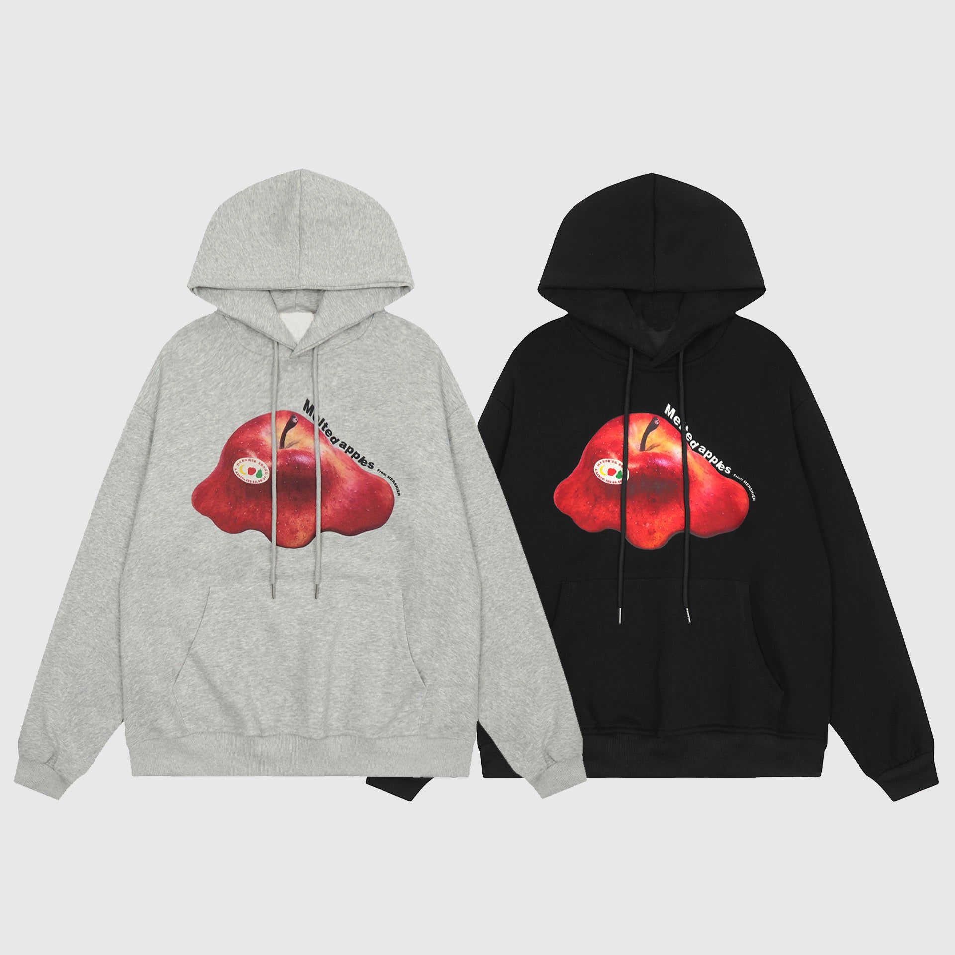 Apple Vintage Print Fleece Hoodies in gray and black with oversized fit and colorful apple appliqué detail.