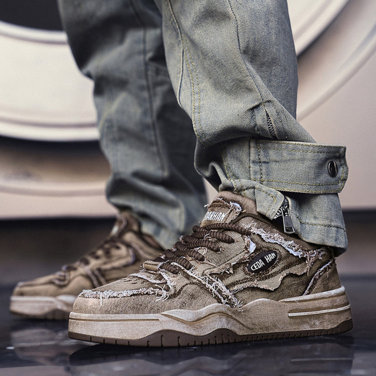 Vintage Washed Denim Skate Sneakers