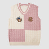 Bear Embroidered Plaid Vest Sweater