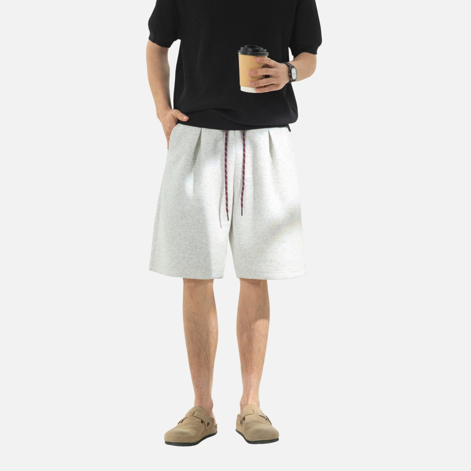 Contrast Drawstring Pleated Sweat Shorts