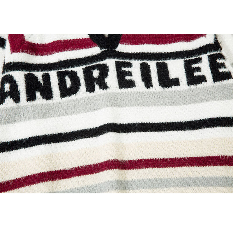 Letter Embroidered Color-blocked Stripe Pullover