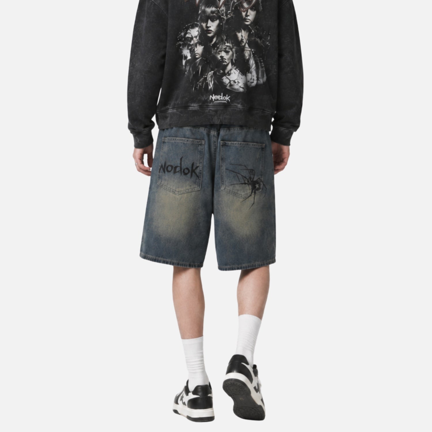 Spider Graphic Washed Denim Shorts