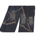 Star Pattern Frayed Patchwork Jeans