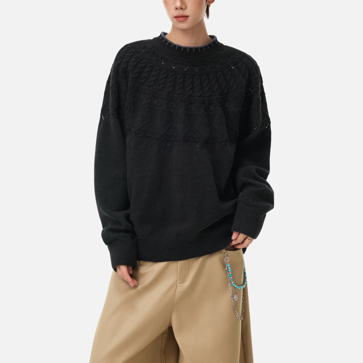 Japanese Vintage Contrast-Collar Cable Knit Sweater