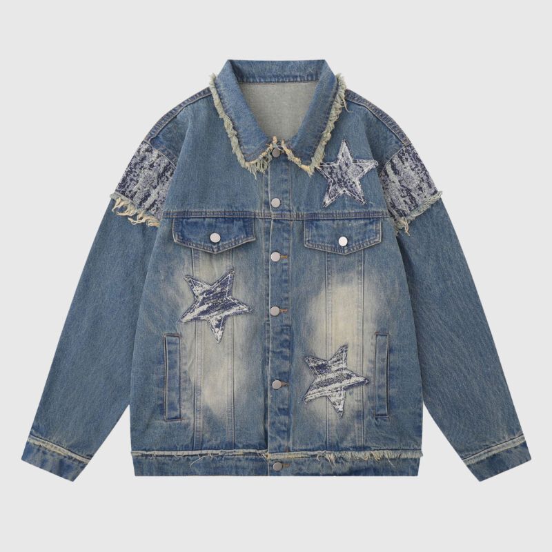 Retro Star Patchwork Embroidered Denim Jacket