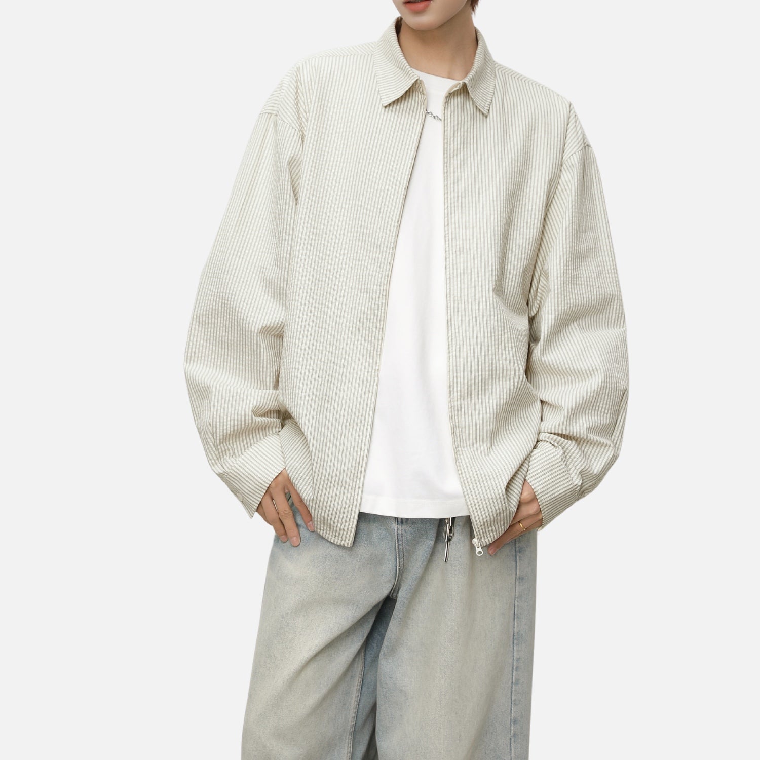 Japanese Zip-Up Striped Shirt Jacket