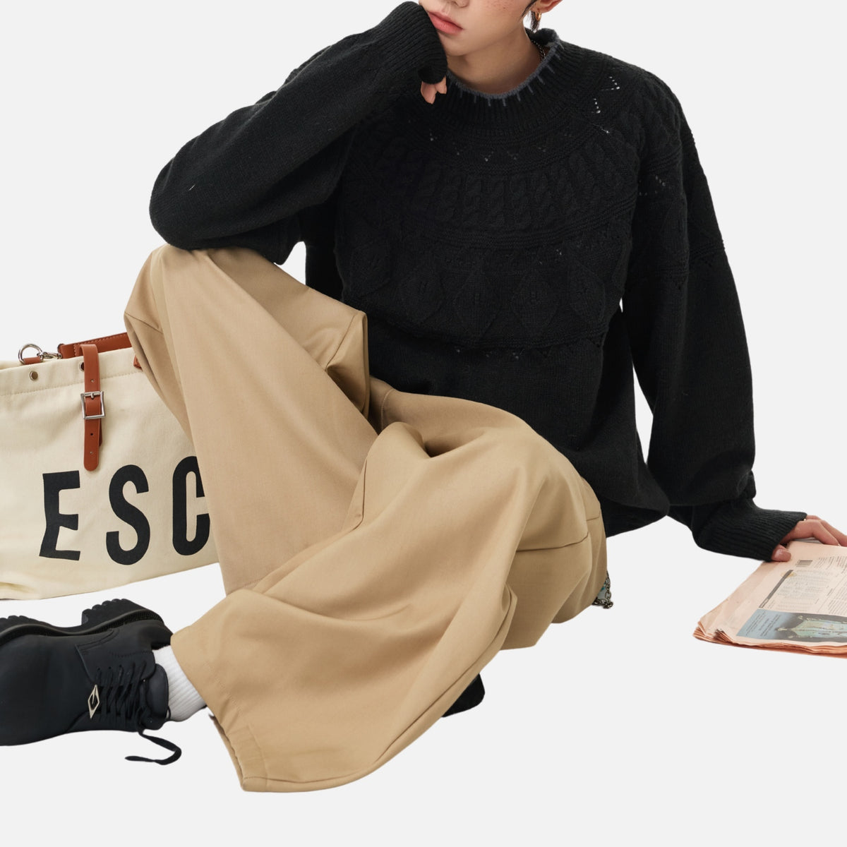 Japanese Vintage Contrast-Collar Cable Knit Sweater