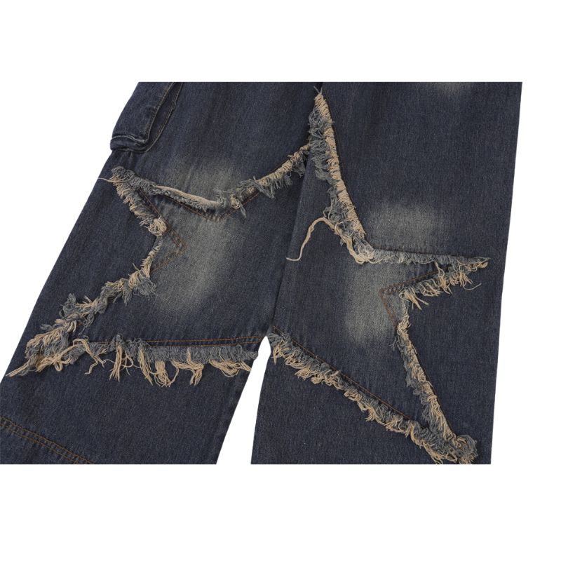 Star Pattern Frayed Patchwork Jeans