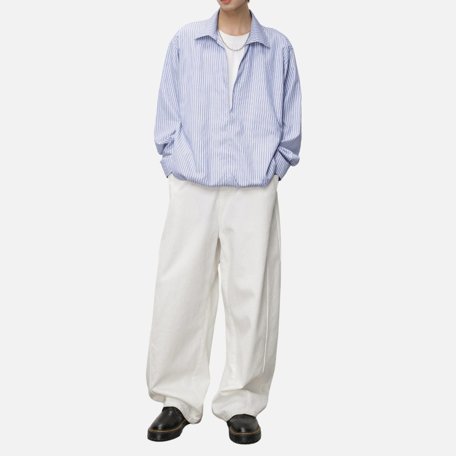 Deep V Faux-Layered Stripe Shirt