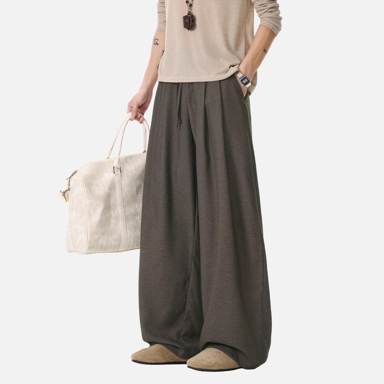 Draped Double-Pleated Casual Pants