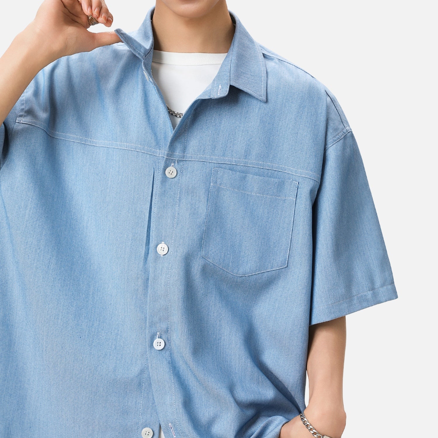 Retro Contrast-Stitch Denim-Look Shirt