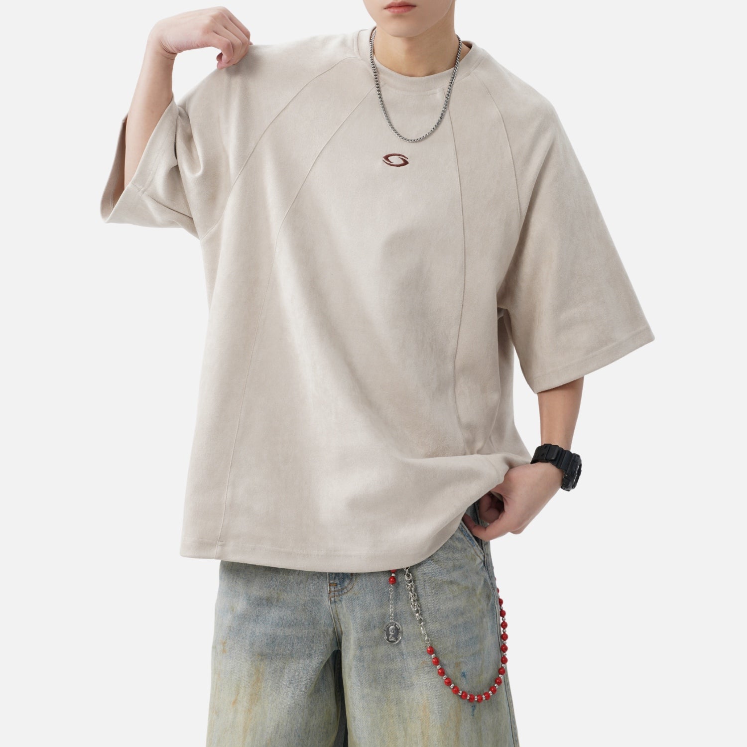 Paneled Faux Suede Short Sleeve Tee