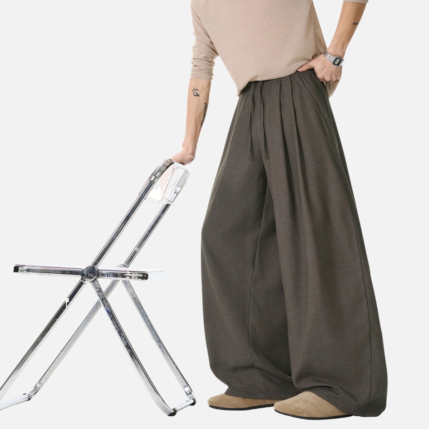 Draped Double-Pleated Casual Pants