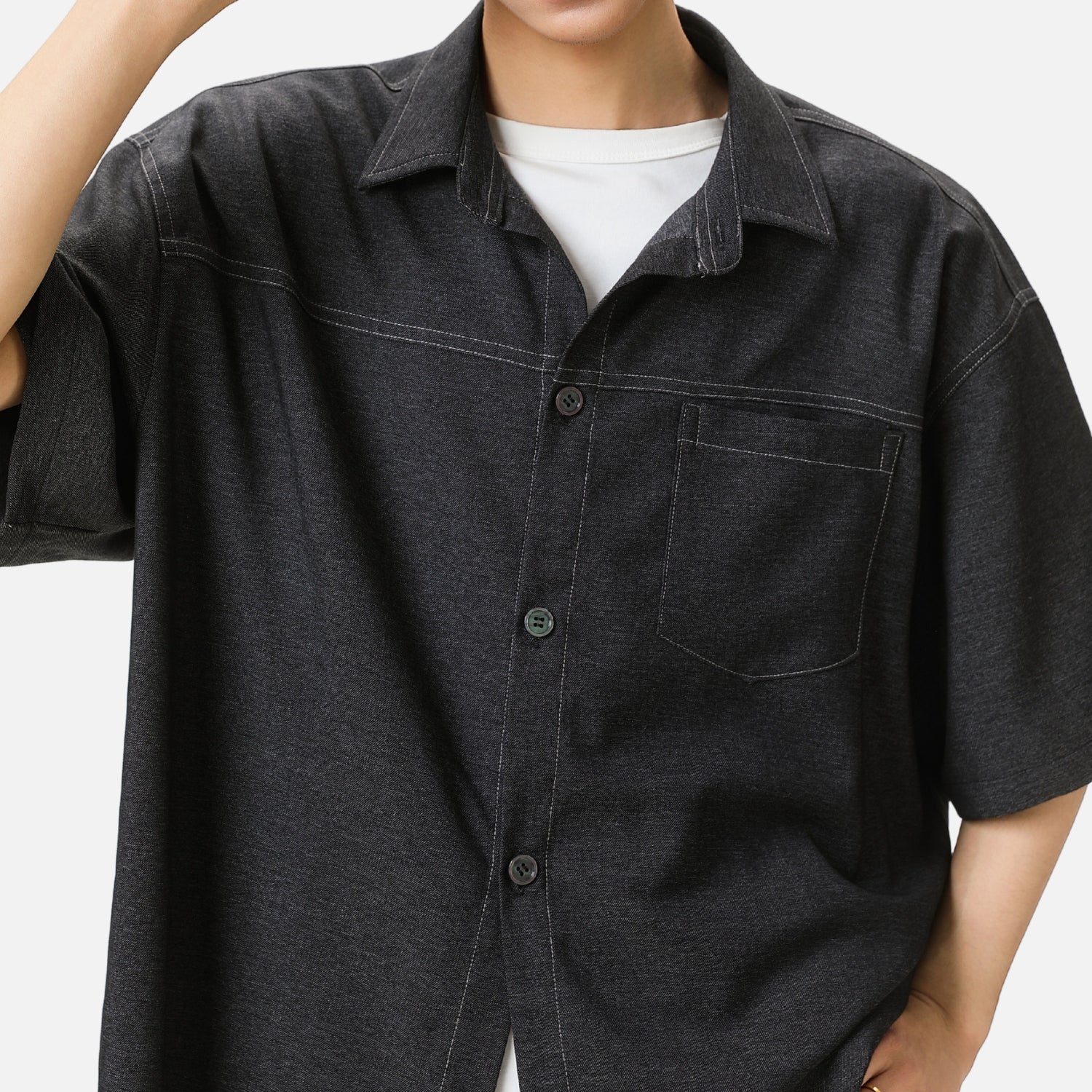 Retro Contrast-Stitch Denim-Look Shirt