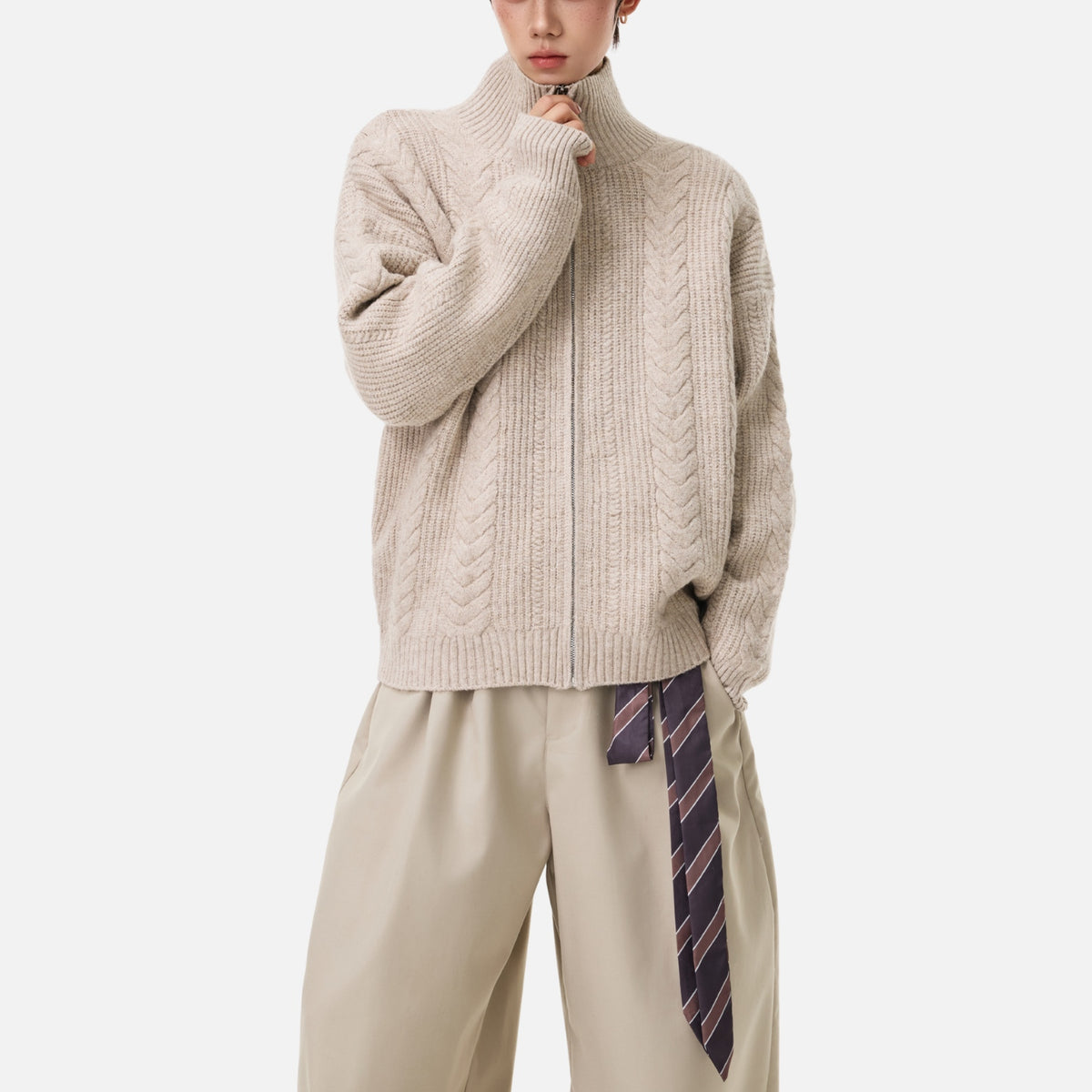 Vintage Cable Knit Zip-Up Sweater