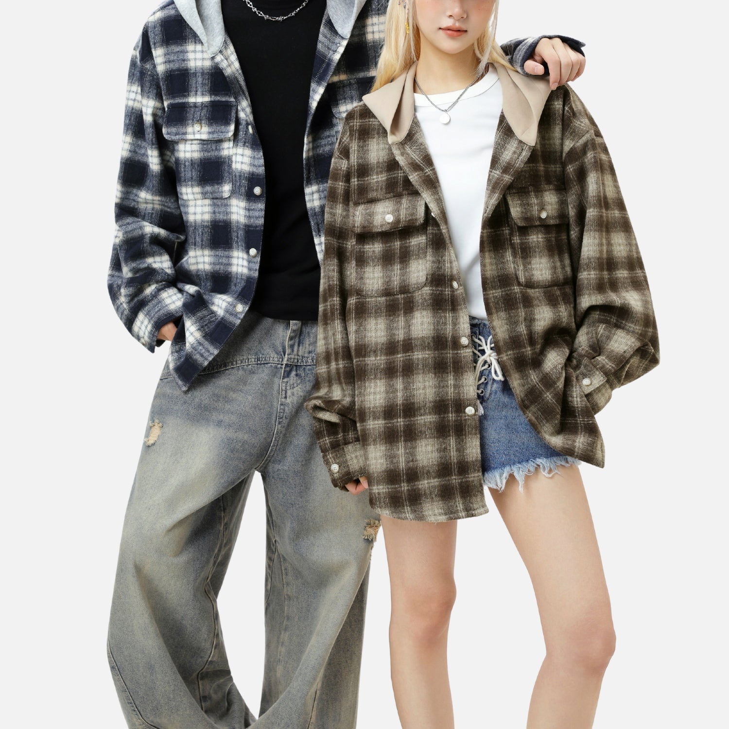 Sudadera con capucha de cuadros cepillados en bloques de color 