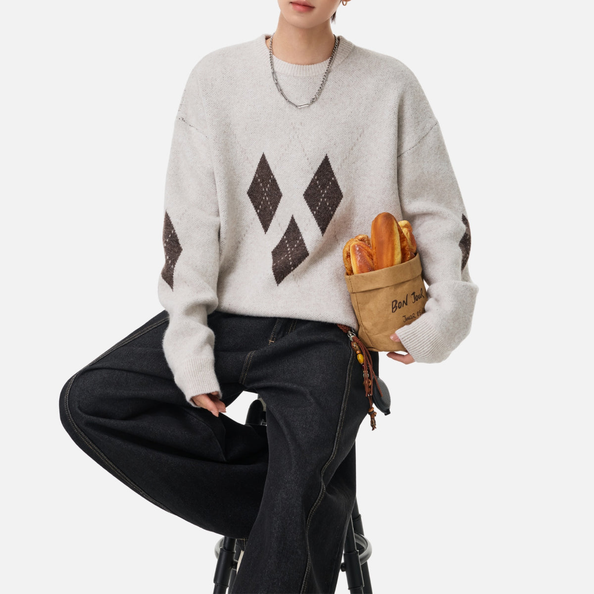 Vintage Diamond Colorblock Crewneck Sweater