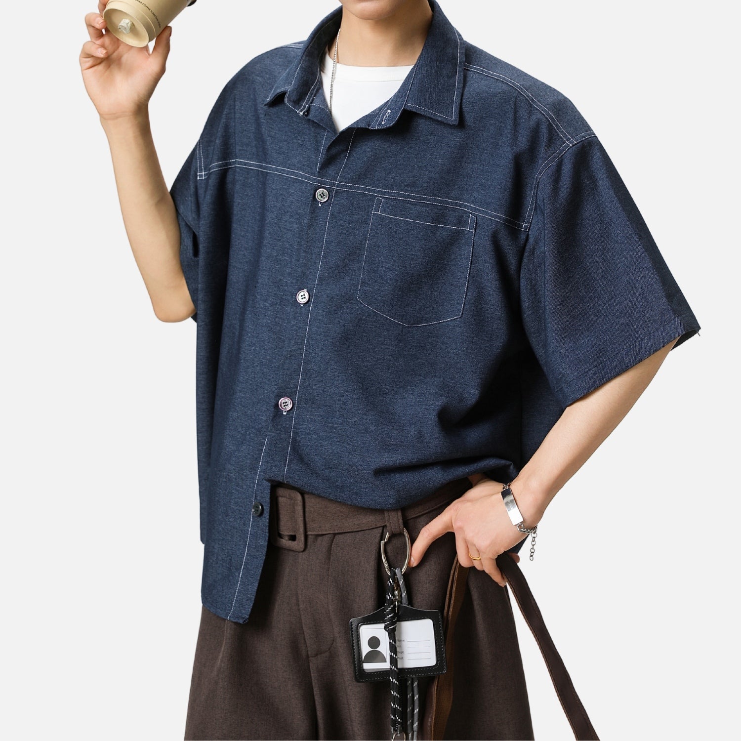 Retro Contrast-Stitch Denim-Look Shirt