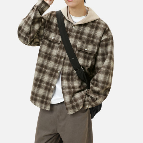 Colorblock Brushed Plaid Hoodie Shirt