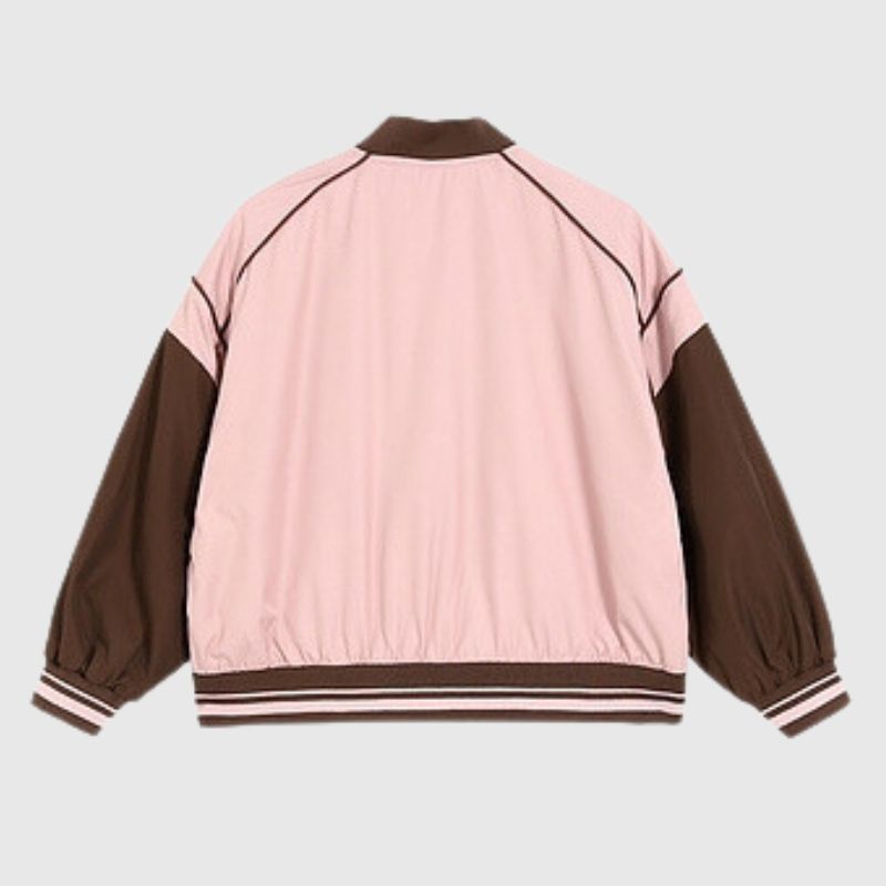 Retro Pink Color-Block Short Baseball Jacket