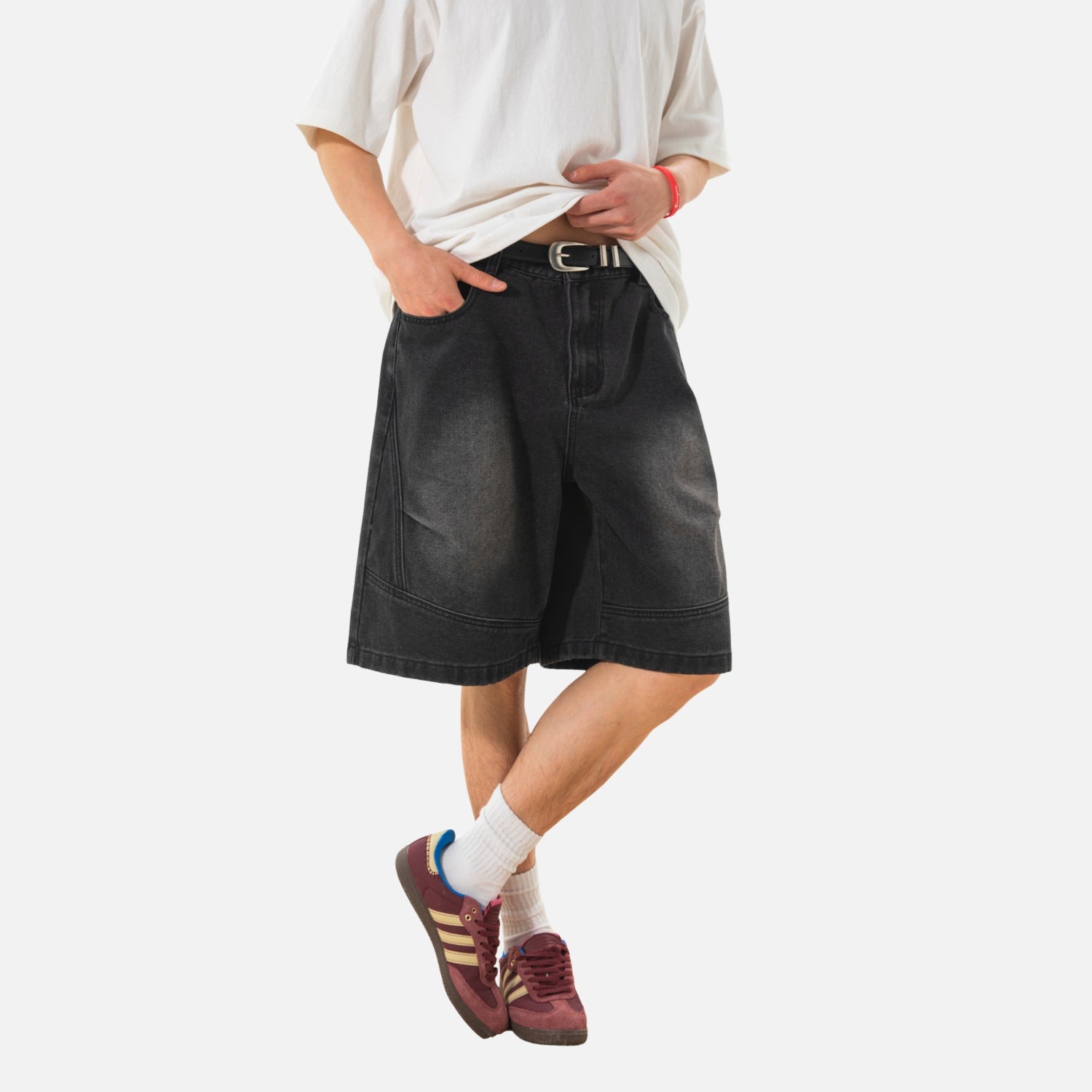 Vintage Washed Pleated Denim Shorts