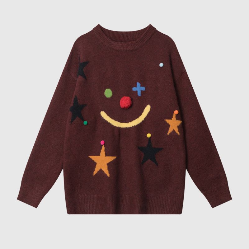 Stars And Smiley Faces Embossed Sweater