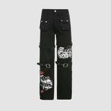 Buckle Color Contrast Printed Cargo Jeans