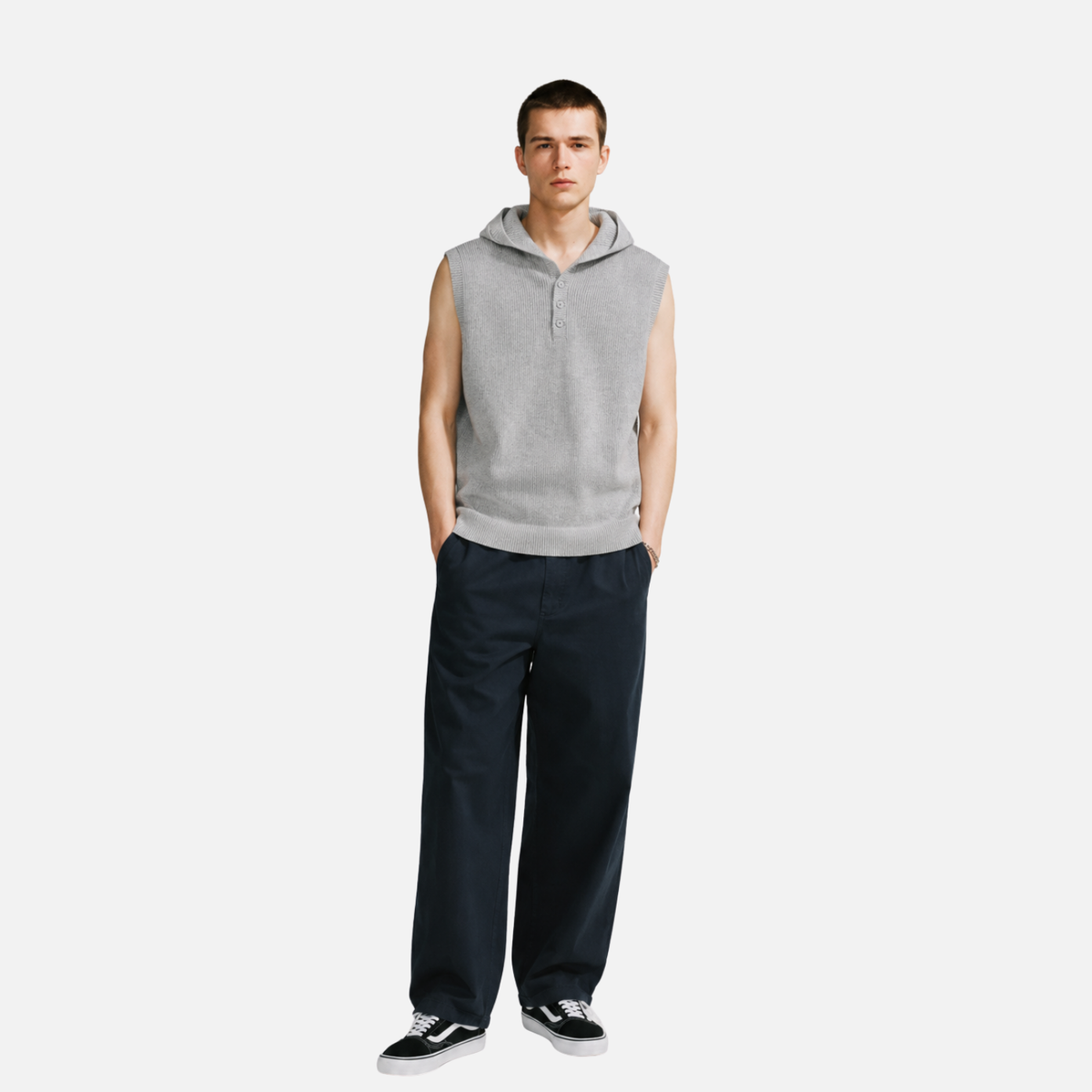Solid Button-Up Hooded Sweater Vest