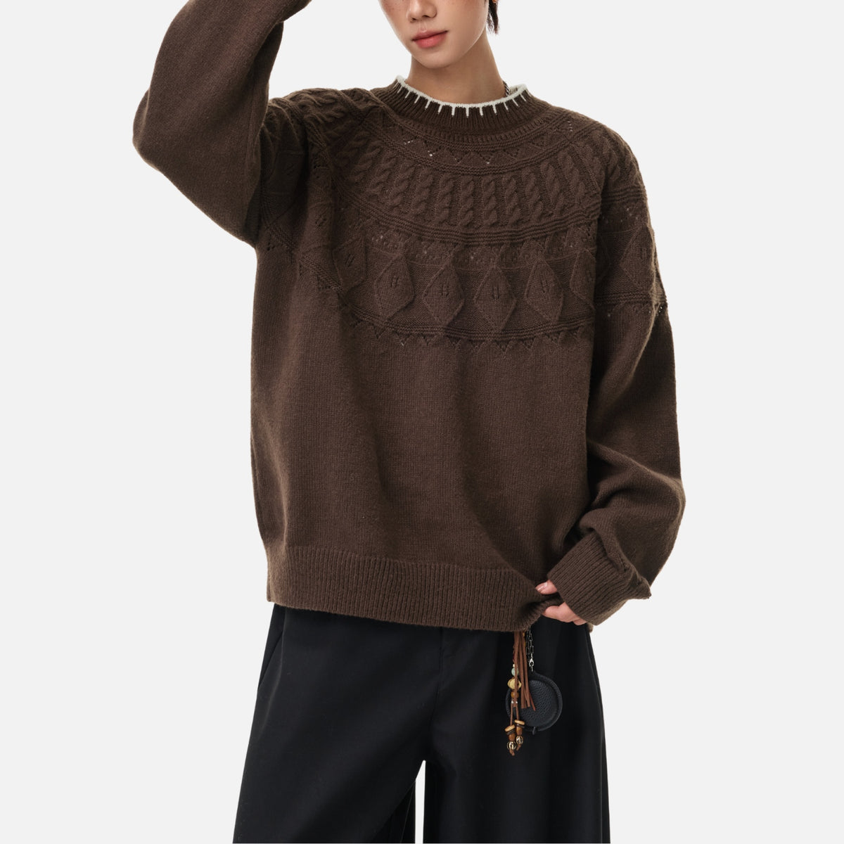 Japanese Vintage Contrast-Collar Cable Knit Sweater