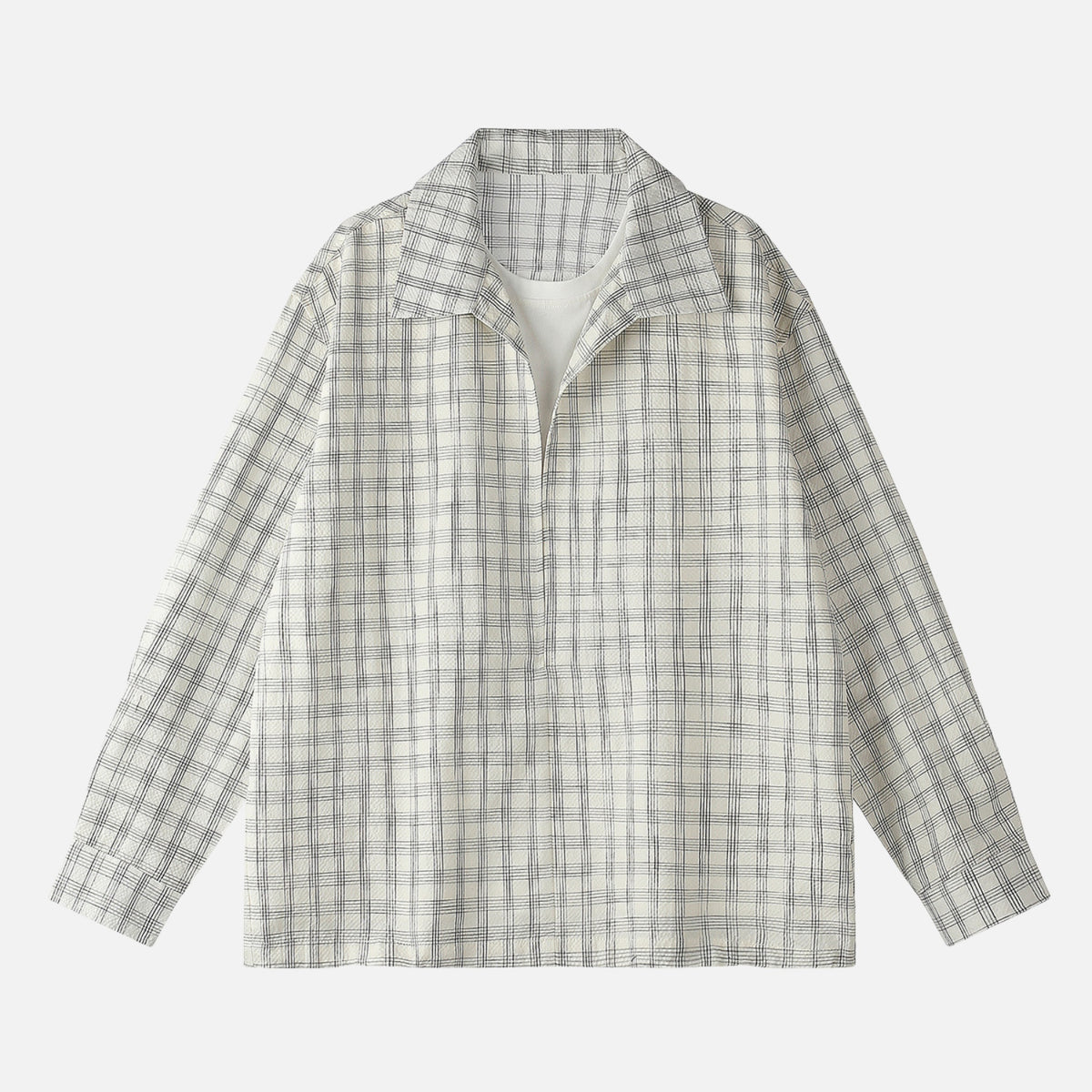 Faux-Layered Seersucker Check Pullover Shirt
