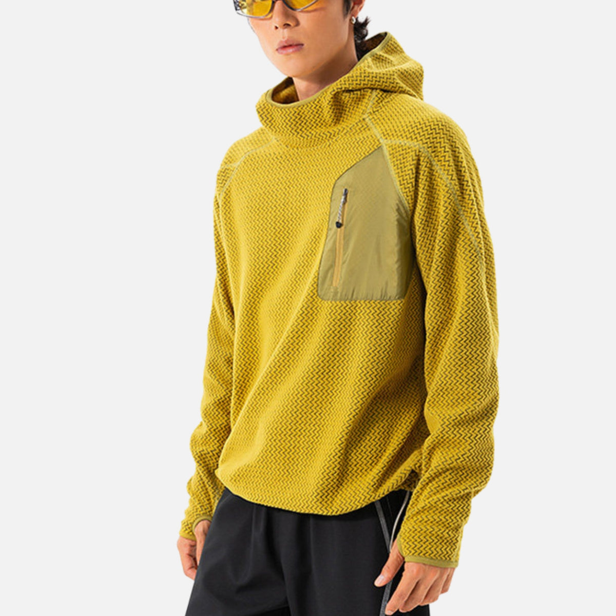 Wave-Textured Fleece Hooded Sweatshirt