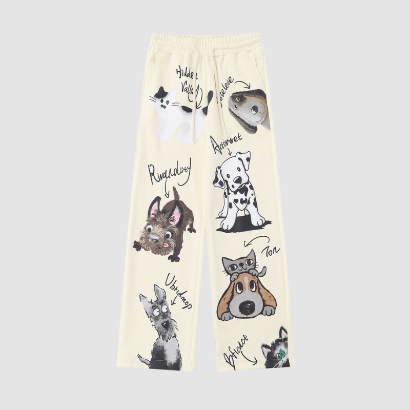 Puppy Pattern Printed Wide Leg Pants
