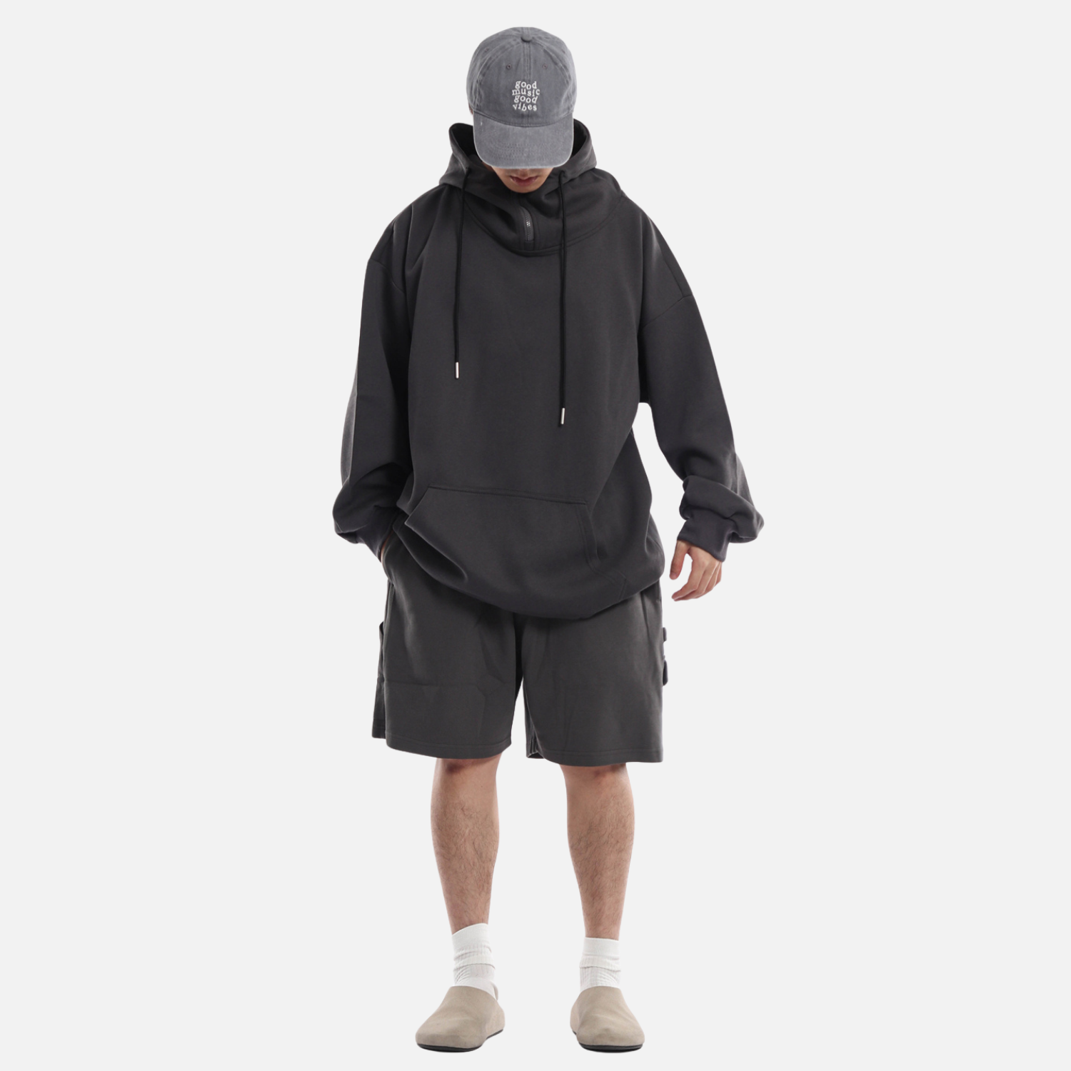 Solid Half-Zip Drawstring Hoodie