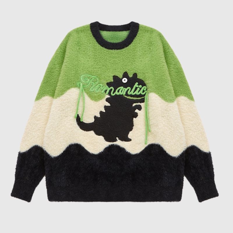 Contrast color patchwork dinosaur crew neck sweater