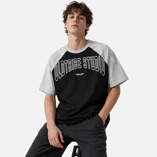 Colorblock-Kontrast-Raglan-Grafik-T-Shirt