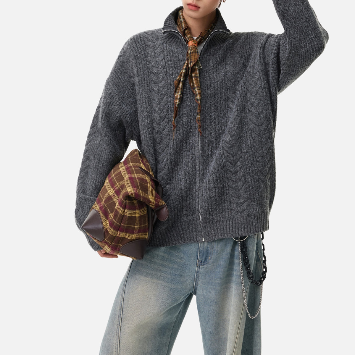 Vintage Cable Knit Zip-Up Sweater