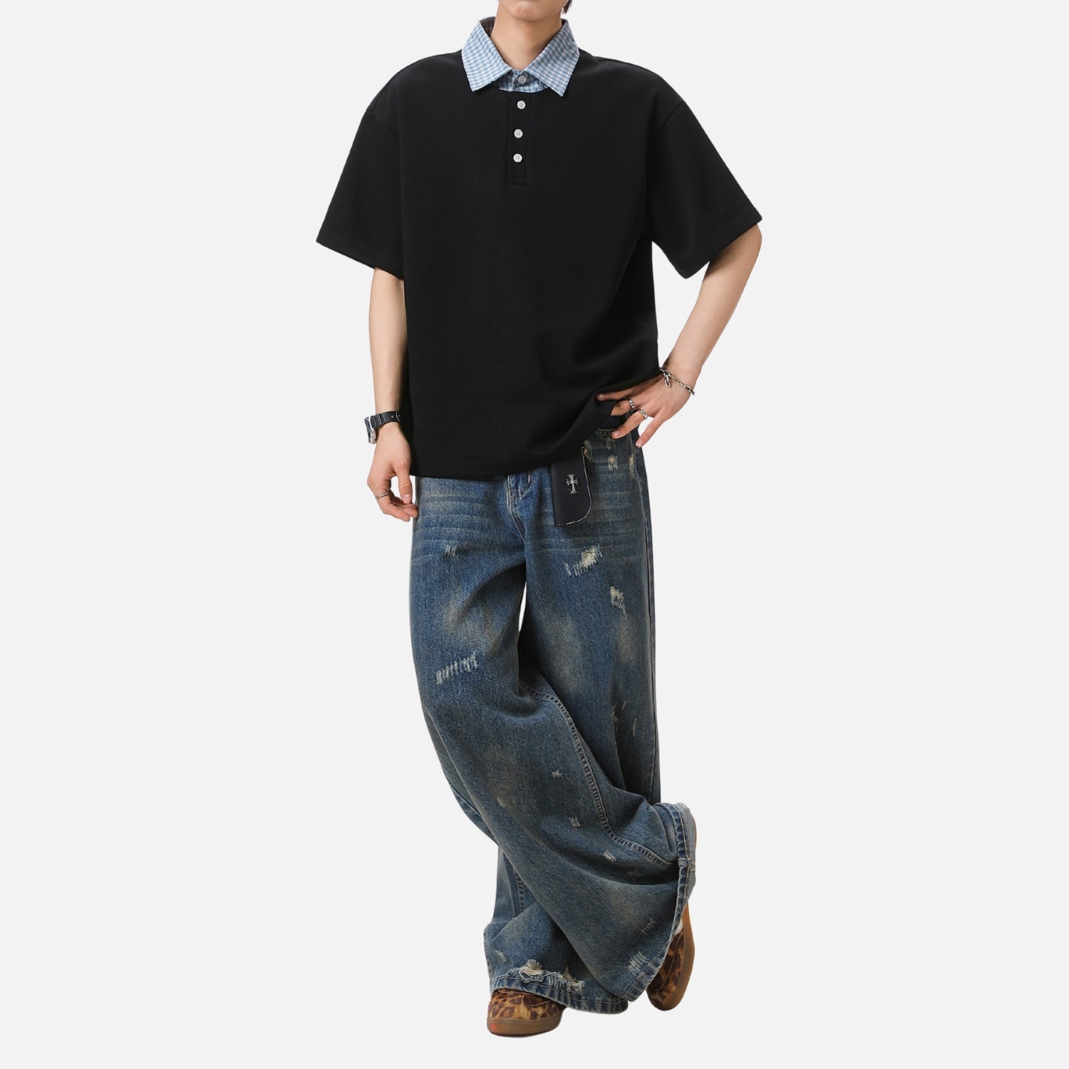 Faux-Layered Plaid Polo Tee