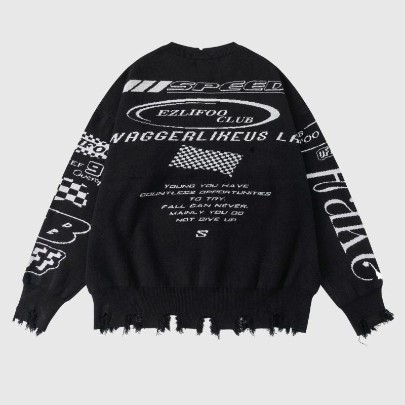 Vintage Fringed Racewear Letter Embroidery Sweater