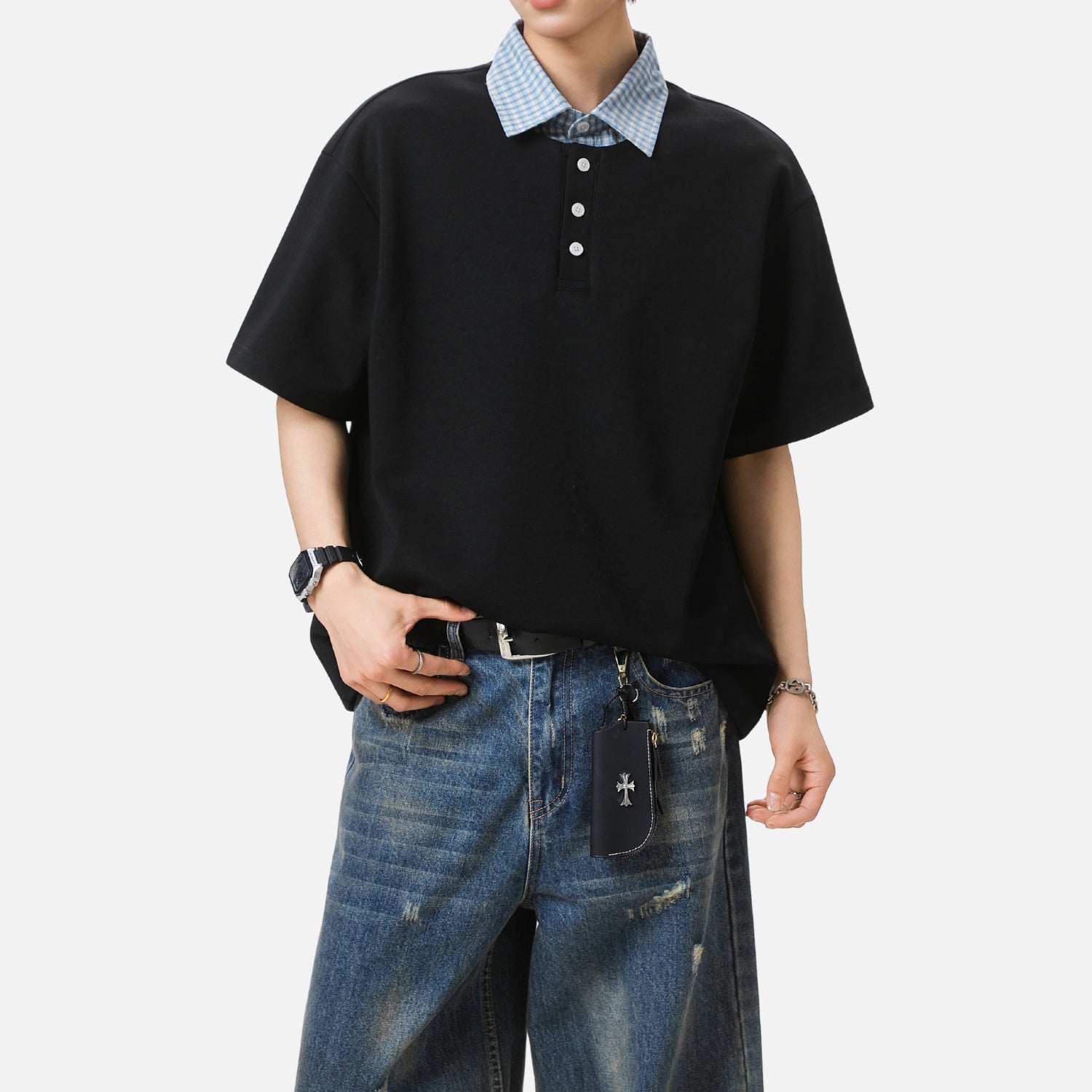 Faux-Layered Plaid Polo Tee