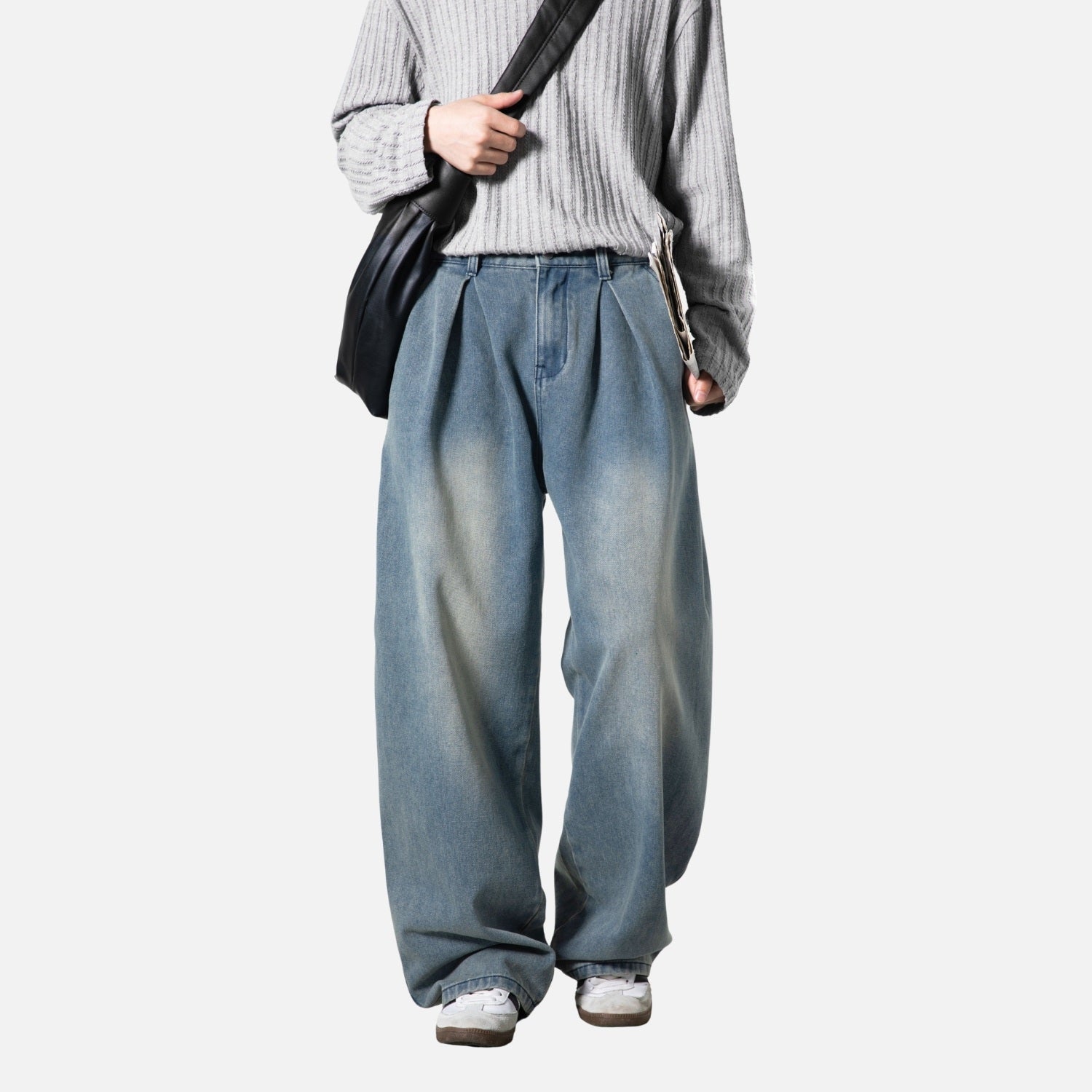 Split-Pleated Washed Vintage Jeans