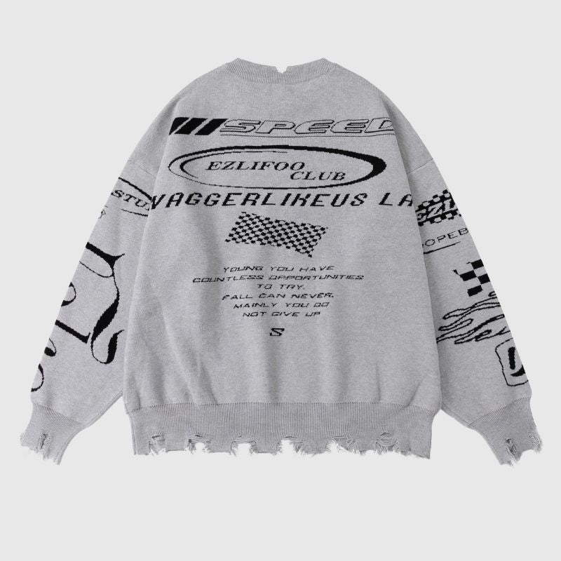 Vintage Fringed Racewear Letter Embroidery Sweater